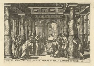 Cristo e a adúltera
Memorabilivm Novi Testamenti in templo gestorvm icones tredecim elegantissimi ac ornatissimi (título da série) de Lucas van Doetechum