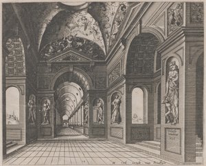 Interior de um salão abobadado decorado com grotescos de Lucas van Doetechum and Johannes