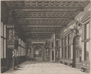 Interior com vista para um segundo quarto com chaminé de Lucas van Doetechum and Johannes