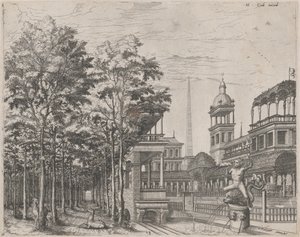 Paisagem com árvores, dois veados e um pátio do palácio