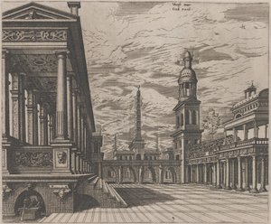 Praça da cidade com uma colunata à esquerda