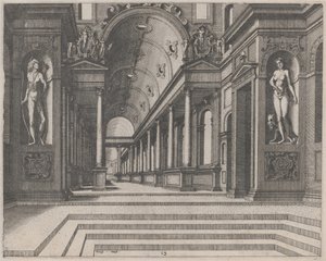 Vista em uma igreja com colunas coríntias e estátuas de Apolo, Melpomene e Moisés