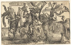 Os heróis Rei Arthur, Carlos Magno e Godofredo de Bouillon Os Nove Heróis (título da série) de Lucas van Leyden