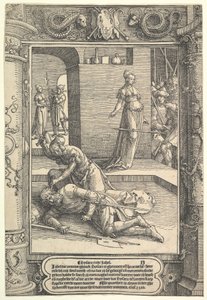 Jael Killing Sisera, moldura ornamental, ca. 1517. de Lucas van Leyden