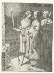 Jovem com uma tocha, uma mulher e um nar de Lucas van Leyden