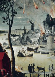 Lote e suas Filhas, detalhe da destruição de Sodoma (óleo sobre painel, cerca de 1517) de Lucas van Leyden