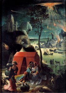 Loth e suas filhas Loth envolve suas duas filhas, refúgio na montanha para escapar da destruição de Sodoma. Raparigas nuas embebedam o pai delas. Pintura de Lucas van Leyden dit Lucas de Leiden (Leide) (Lucas Hugensz ou Lucas Jacobsz) (1494-1533) 16