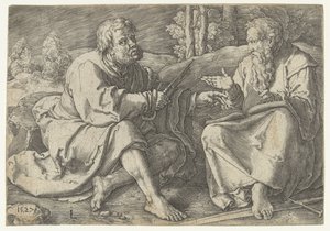 Paulo e Pedro sentados numa paisagem de Lucas van Leyden