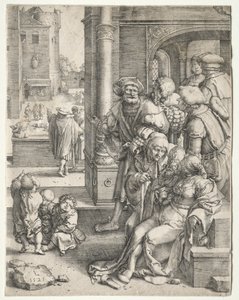 O poeta Virgílio suspenso em uma cesta, 1525. de Lucas van Leyden