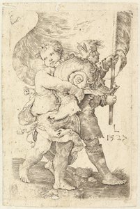 Dois meninos com capacete e estandarte, 1527. de Lucas van Leyden