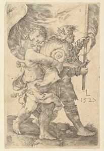 Dois meninos com capacete e padrão, 1527. de Lucas van Leyden