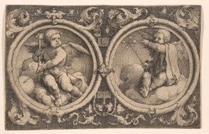 Dois cupidos sentados em nuvens de Lucas van Leyden