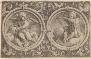 Dois Cupidos sentados em nuvens em dois círculos de Lucas van Leyden