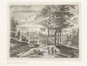 Paisagem da floresta com duas mulheres e um menino com uma cesta Pequenas paisagens (título da série) de Lucas van Uden