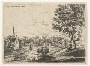 Vista de uma aldeia com uma carroça coberta
Cinco paisagens (título da série) de Lucas van Uden