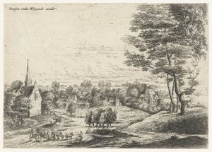 Vista de uma aldeia com uma carroça coberta
Cinco paisagens (título da série) de Lucas van Uden