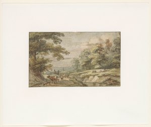 Paisagem montanhosa com rebanho de ovelhas e vacas de Lucas van Uden