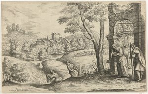 Paisagem com a família santa e duas parteiras de Lucas van Uden