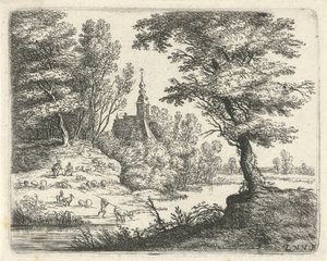 Paisagem com pastores e gado junto a um rio
Pequenas paisagens (título da série) de Lucas van Uden