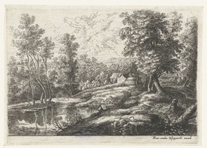 Paisagem com casas e uma igreja cercada por uma parede Cinco paisagens (título da série) de Lucas van Uden
