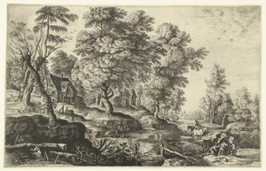 Paisagem com homens empurrando uma carruagem de Lucas van Uden