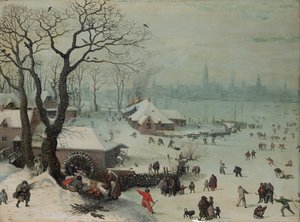 Paisagem de inverno com queda de neve perto de Antuérpia de Lucas van Valckenborch
