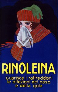Publicidade ao medicamento Rinoleina contra constipações, dores de garganta e tosse. Ilustração de Lucien Achille Mauzan (1883 - 1952).