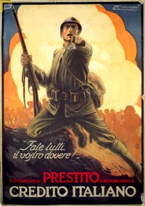 Cartaz italiano de propaganda da Primeira Guerra Mundial a anunciar os laços de guerra