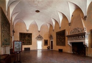 Salão do Palácio Ducal realizado sob a regência do Duque Federico da Montefeltro (Frederic de Montefeltre, Duque de Urbino (Urbino) projetado pelo arquiteto Luciano Laurana (1420-1479) e completado por Francesco di Giorgio Martini. Século XV Urbino, Itália