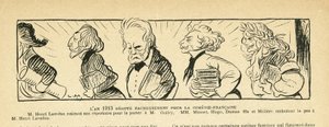 Ilustração em Le Rire, 04/01/13 - o ano de 1913... - Teatro, Comedie francaise - Hugo Victor, Dumas Alexandre (fils), Lavedan Henri (1859-1940), Guitry Sacha, Musset Alfred, Moliere (gravura) de Lucien Metivet