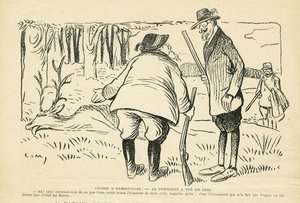 Ilustração em Le Rire, 05/12/08 - Caça em Rambouillet - Vegetação Natural, Caça caçador, Presidente da República, Rambouillet - Clemenceau Georges, Fallieres Armand (1841-1931), Stag de Lucien Metivet