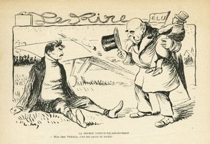 Ilustração em Le Rire, 30/03/12 - A corrida Limoux-Palais-Bourbon - Eleições, Aviação - Vedrines Jules (1881-1919) (gravura) de Lucien Metivet