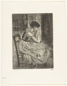 Jovem mulher sentada junto a uma lareira de Lucien Pissarro