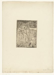 Mulher com duas raparigas num prado de Lucien Pissarro