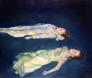 Duas raparigas a flutuar, 2004 (óleo sobre tábua) de Lucinda Arundell