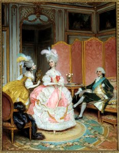Prostituição: "A bela cortesã" Uma jovem mulher apresentada a um cavalheiro num salão privado no século XVIII através de uma casamenteira. Pintura de Lucius Rossi (1846-1913)