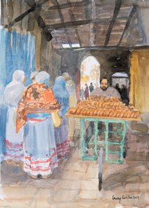 Vendedor de bagels na cidade velha, Jerusalém, 2019 (w - c no papel) de Lucy Willis