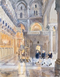 Noviços na Igreja do Santo Sepulcro, Jerusalém, 2019 (w - c no papel) de Lucy Willis
