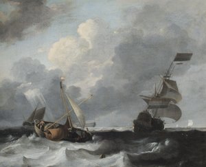 Uma tempestade ao largo da costa com homens de guerra e barcos de pesca de Ludolf Backhuysen
