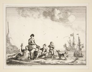 Porto com marinheiros e um piscicultor de Ludolf Backhuysen