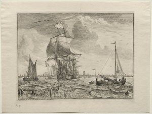 Cena marinha com Amsterdã à distância, 1701. de Ludolf Backhuysen