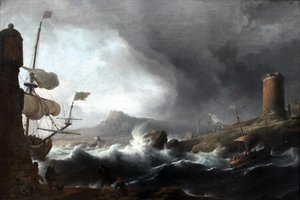 Alemão: Stürmische See an bergiger Küste Mares tempestuosos numa costa montanhosa de Ludolf Bakhuizen
