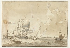Navios na água para uma cidade de Ludolf Bakhuysen