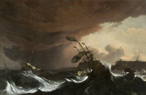 Navios em um mar tempestuoso fora de uma costa, por volta de 1700-1705 (óleo sobre tela)