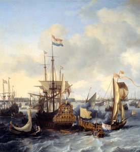 Vista do porto de Amesterdão a partir de Ij Detail. Pintura de Ludolf Backhuyzen (1631-1708) 1666 Sol. 1,28x2,21 m