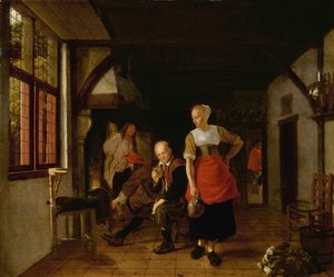 Uma criada com um jarro e três homens à lareira de Ludolf de Jongh