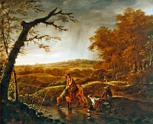 Caçadores em repouso com um cavalo e cães junto a um riacho, c.1650 (óleo sobre painel)