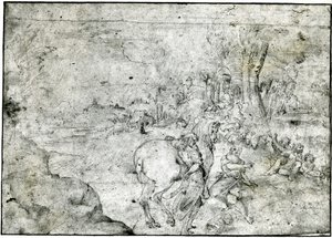 Ermínia e os Pastores, c.1600 (pena e tinta sobre papel) de Ludovico Carracci