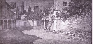 Um lugar aberto ao lado do jardim dos Capuletos, ilustração de Romeu e Julieta,