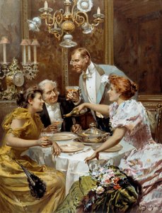 Bela hora: "a bela ceia" Dois casais num salão privado bebem champanhe. Ilustração de Ludovico Marchetti (1853-1909) 1893 Coleção particular